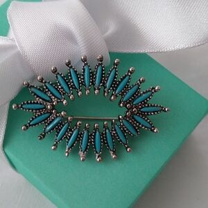 Vintage Zuni Petit Point Sterling Silver + Turquoise Oval Brooch